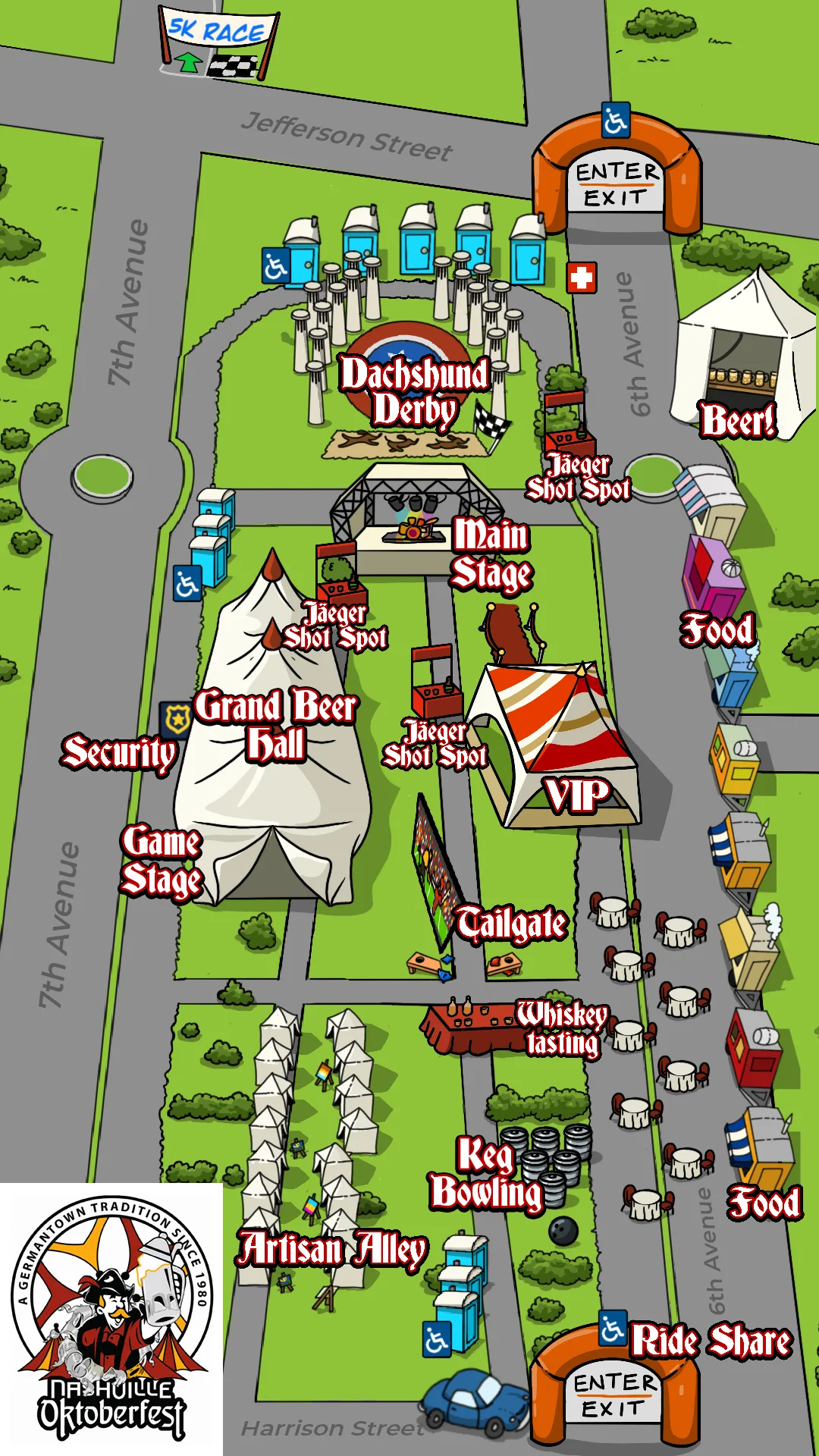 Illustrated map of the Nashville Oktoberfest grounds. North gate on Jefferson Street, south ride-share gate on Harrison Street, Main Stage and Grand Beer Hall in the center, VIP tent to the east, food along 6th Avenue, Artisan Alley and Keg Bowling to the south, and the 5K race north of Jefferson.